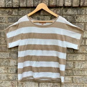 Ellen Tracy Striped Short Sleeve Sweater Gold and White
